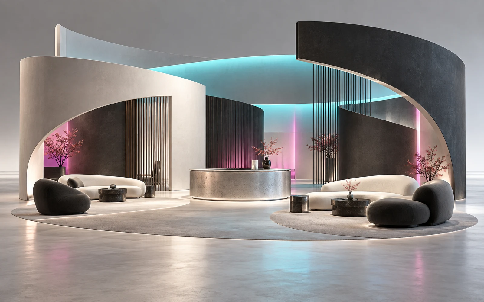 Concepto ilustrativo de lounge escultórico con paneles curvos, asientos y luz ambiental