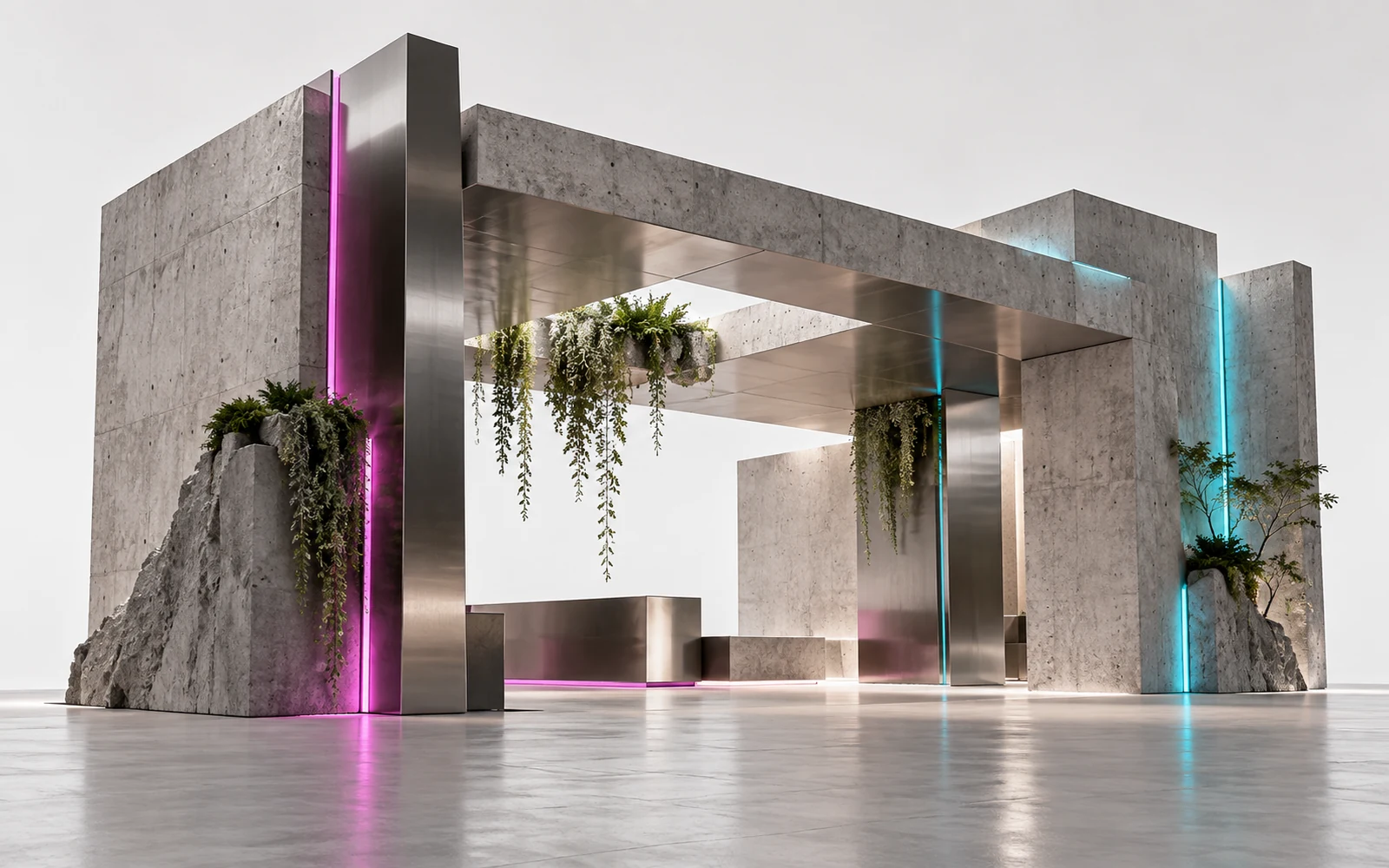 Concepto ilustrativo de monolito de concreto, metal pulido y follaje suspendido
