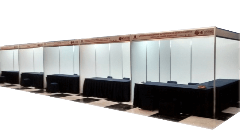 Diagrama de distribución de un stand institucional con mostrador, sala y bodega